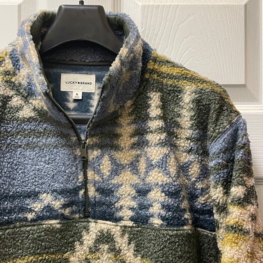 Lucky Brand Mens XL Faux Shearling 1/4 Zip Multicolor Pullover Aztec Outdoor NWT